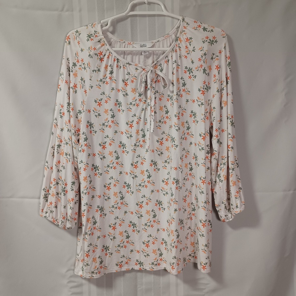 Croft & Barrow Blouse Womens M White Floral Split Neck Tie 3/4 Sleeve Top